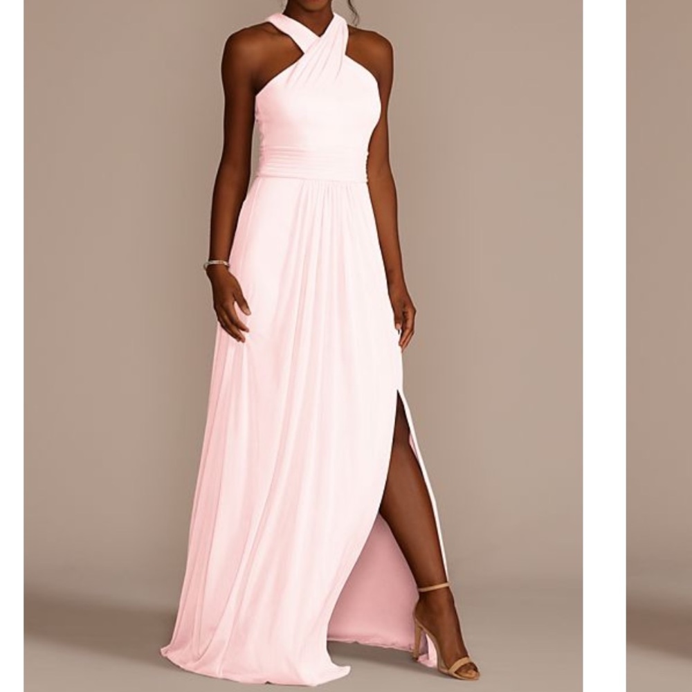 David’s Bridal Long Mesh Crisscross Highneck Bridesmaid Dress, Petal, Size 8